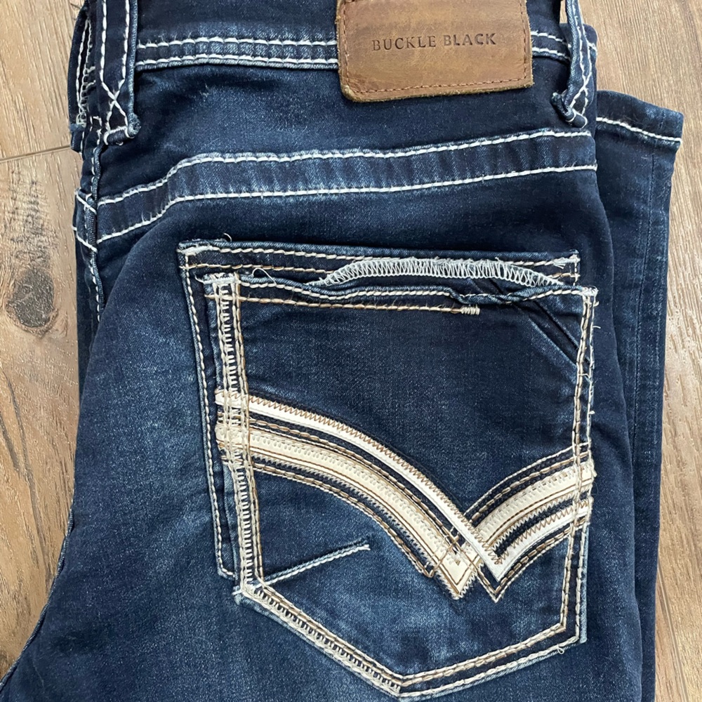 Buckle Black Fit No 9 Bootcut stretchy Denim Jeans with White Stitching 34x30